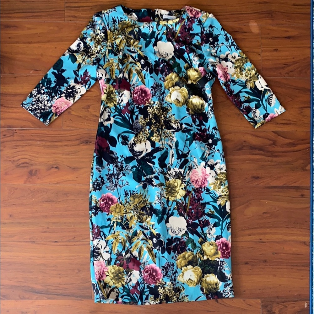 New York & Company Blue Yellow Floral Sheath Dress with 3/4 Sleeves